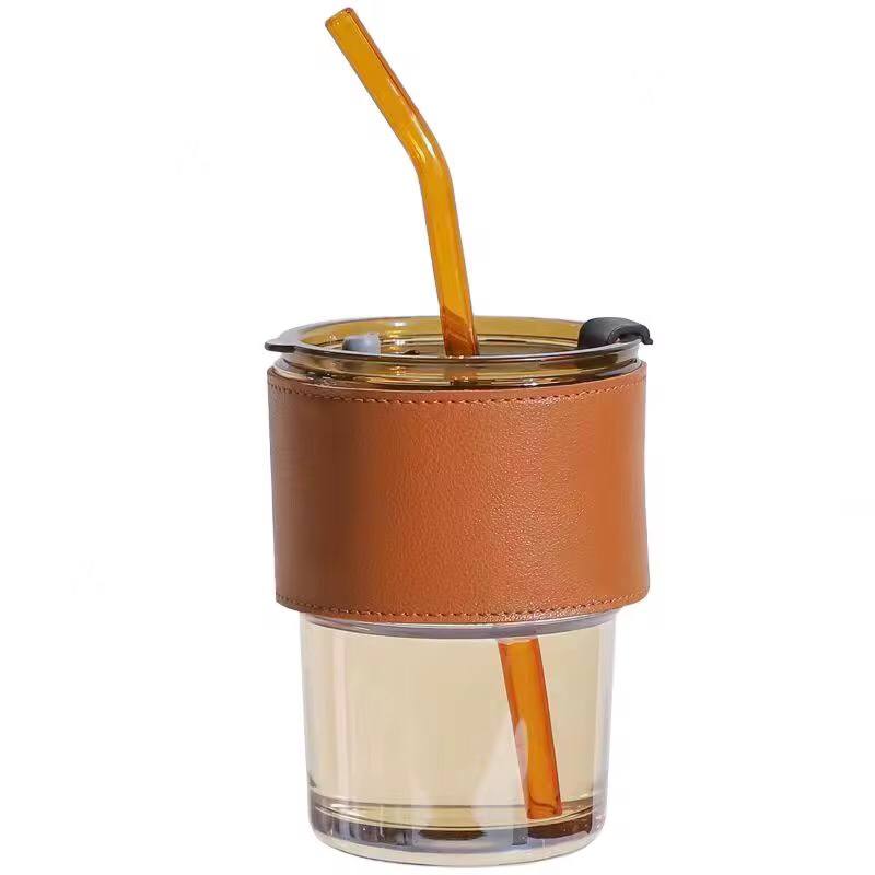 Gorgous slub glass smoothie cup with STRAW and leather cover
