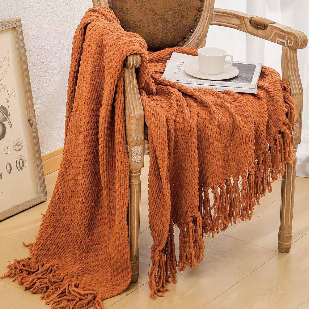 Textured knitted heavy throw blanket with tassels