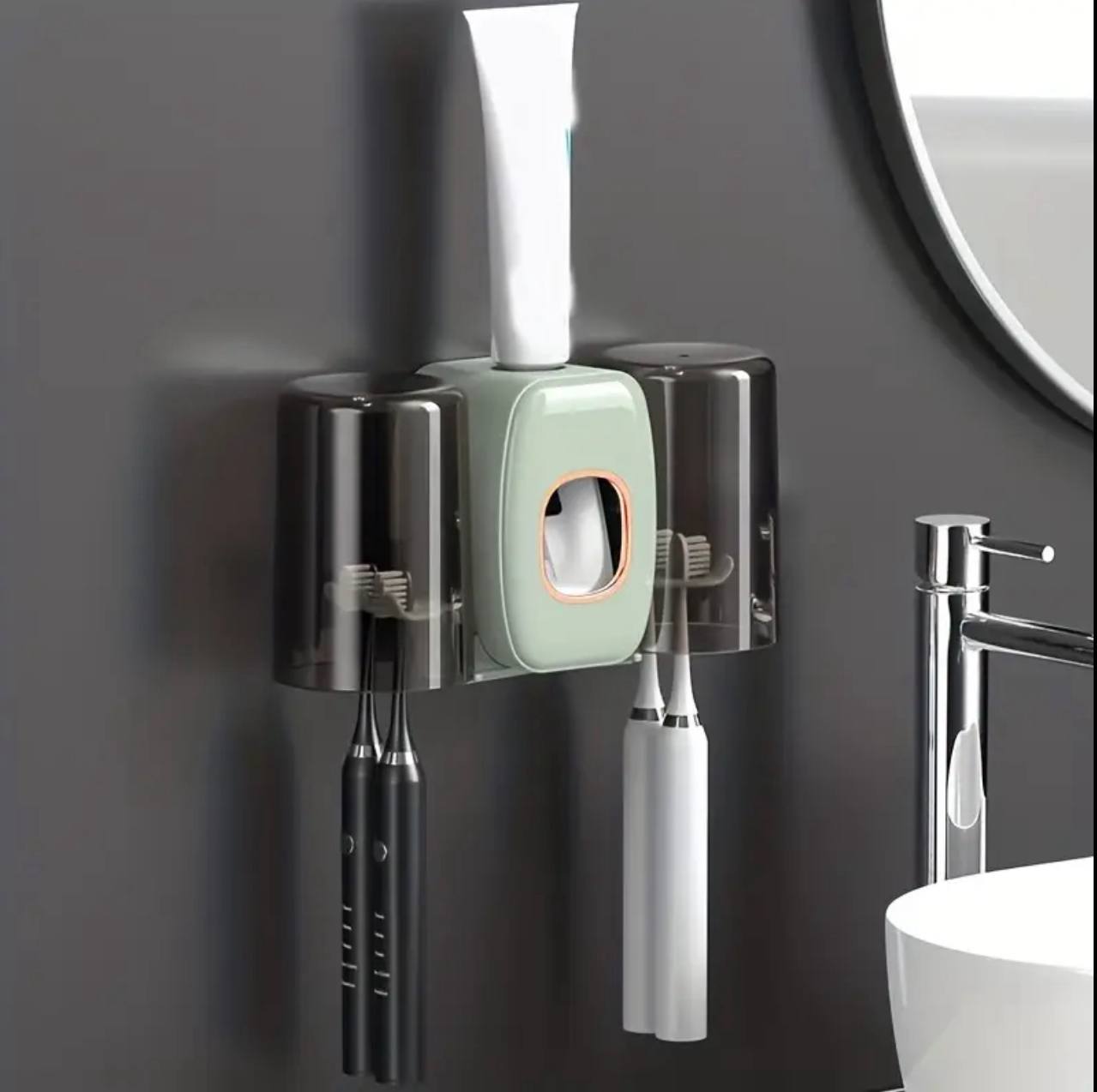 Toothpaste and toothbrush holder with cups