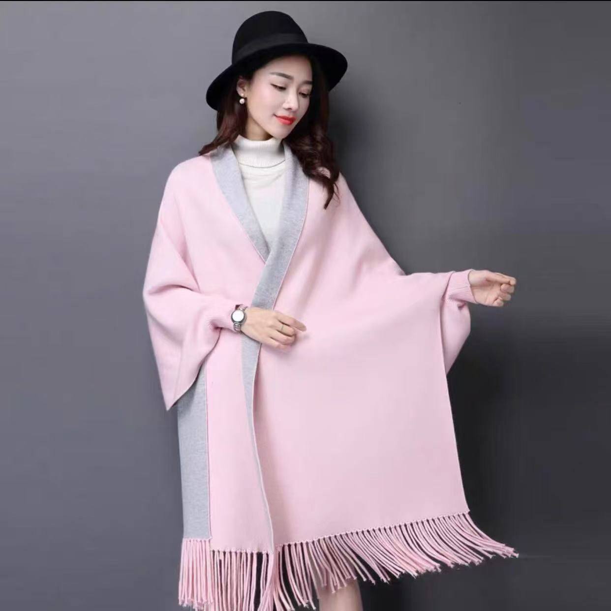 Plain double sided long sleeve ponchos shawls with tassels