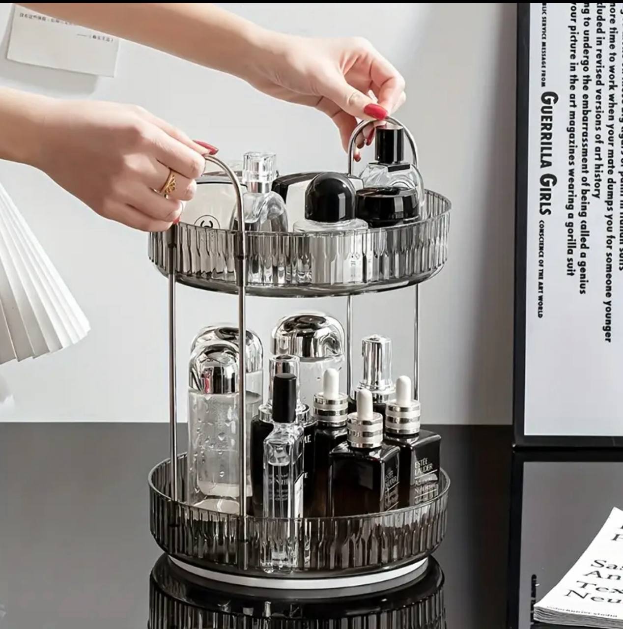 360 DEGREE 2 TIER ROTATING MULTIFUNCTIONAL TRANSPARENT MAKEUP/COSMETIC ORGANIZER.