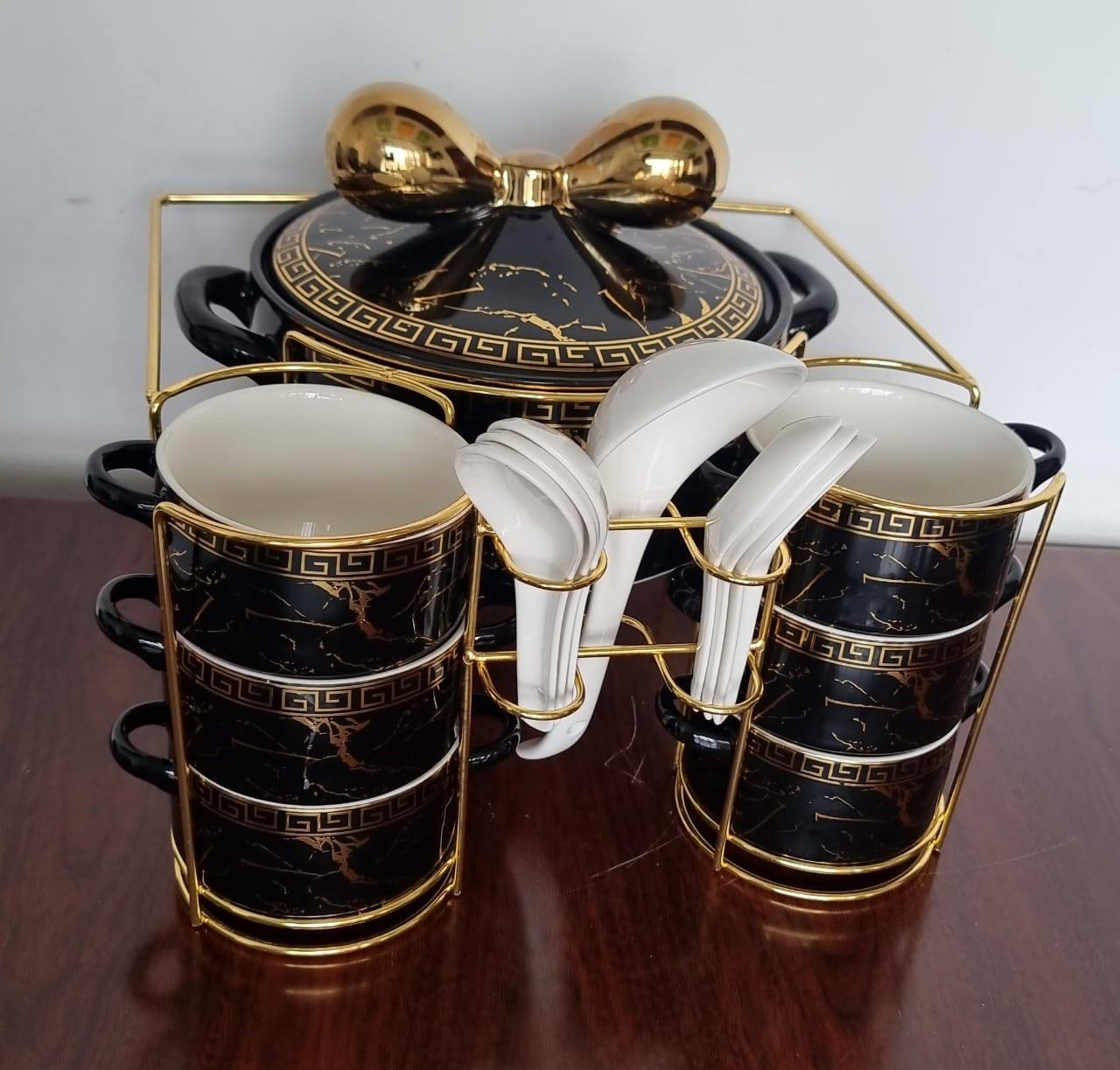 JCC8434-L1 16pc ceramic soup set on golden stand