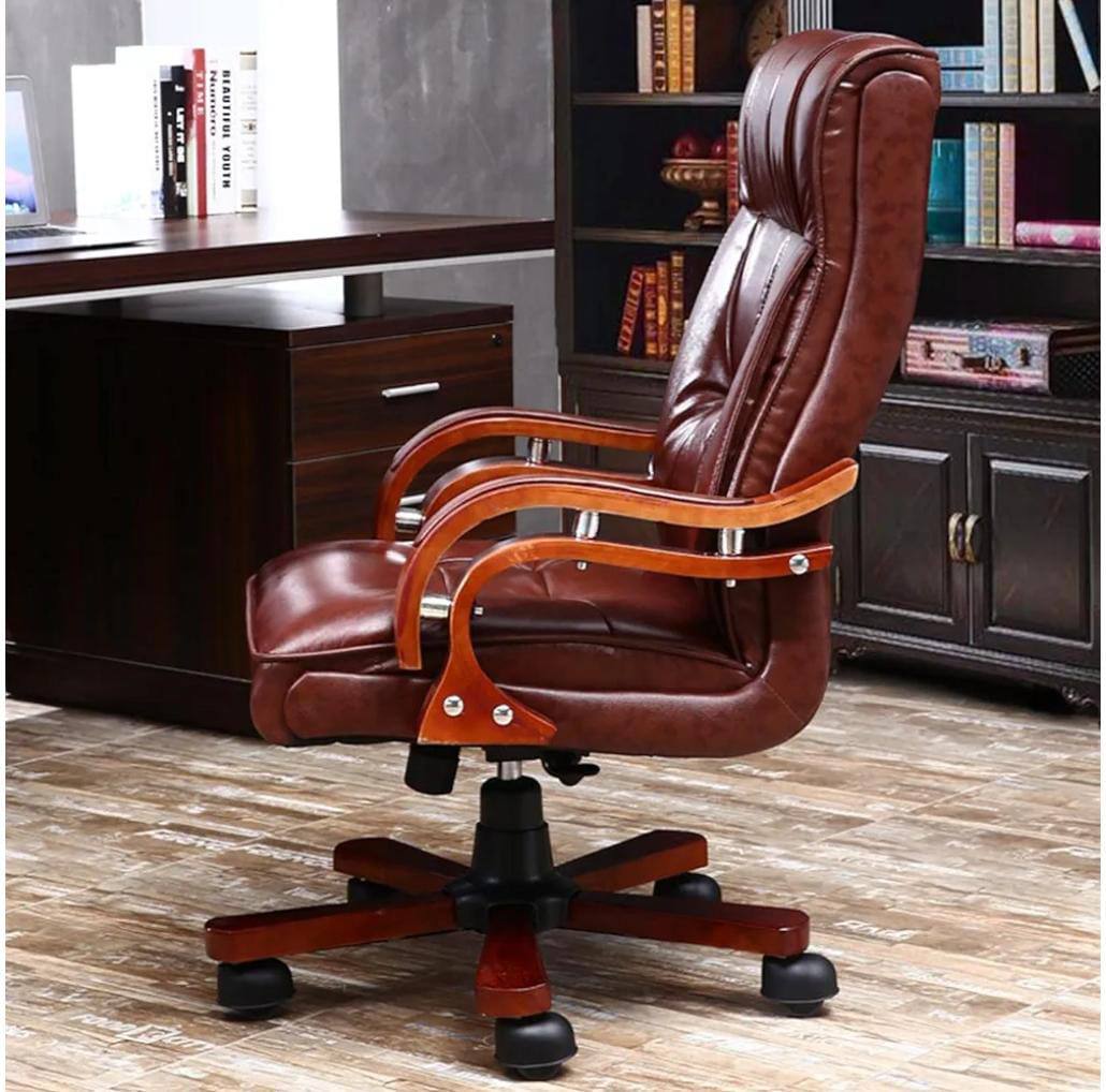 HLILY Office Chair, Solid Wood Reclining Computer Chair, Home Executive Chair, Executive Commercial Swivel Chair/Brown or Black/110-