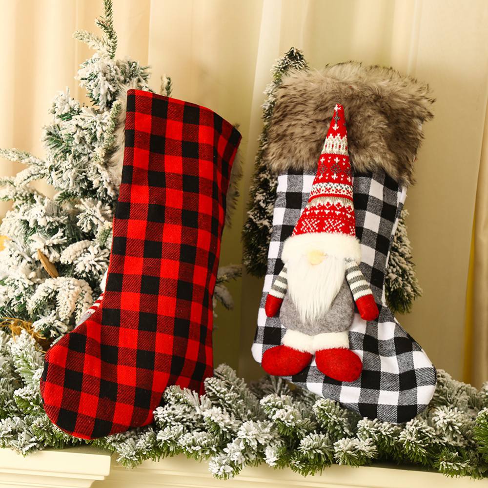 Christmas Stockings Buffalo Plaid Christmas Stockings with 3D Gnome Santa & Faux Fur Cuff