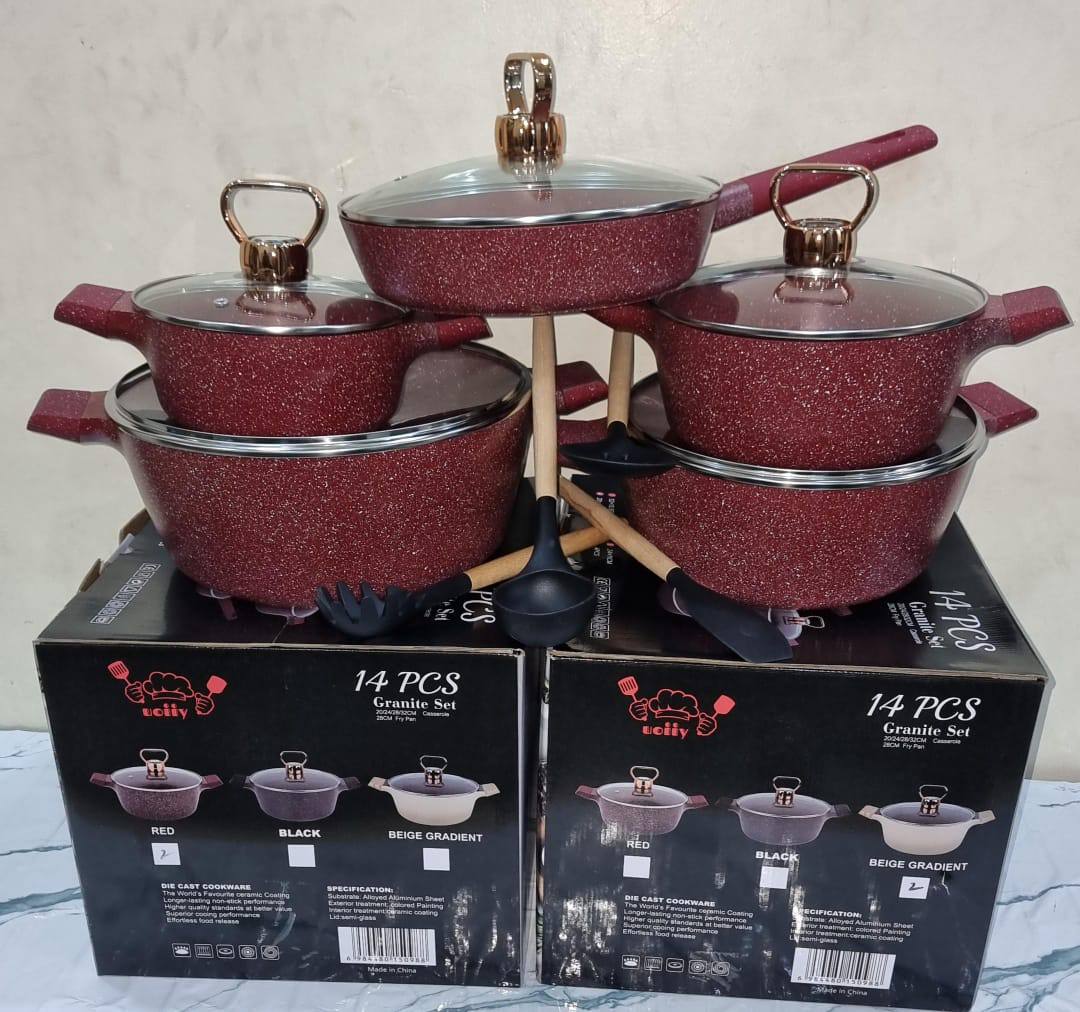 shining golden caps Uoiiy 14pc granite cookware set