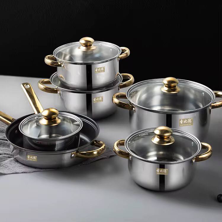 12-Piece Stainless Steel Cookware Set
Golden Handle Kitchen Pots & Pans .