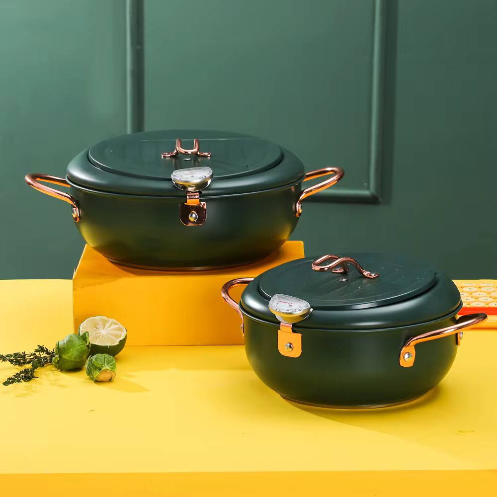 Nordic green coloured 3.4L Frying pot with thermometer and oil drain grill