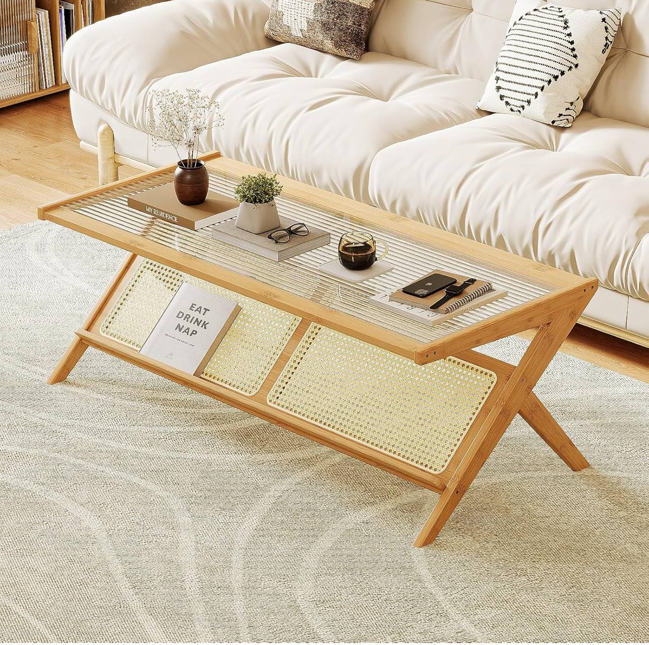 Modern Rattan Coffee Table with Storage Shelf