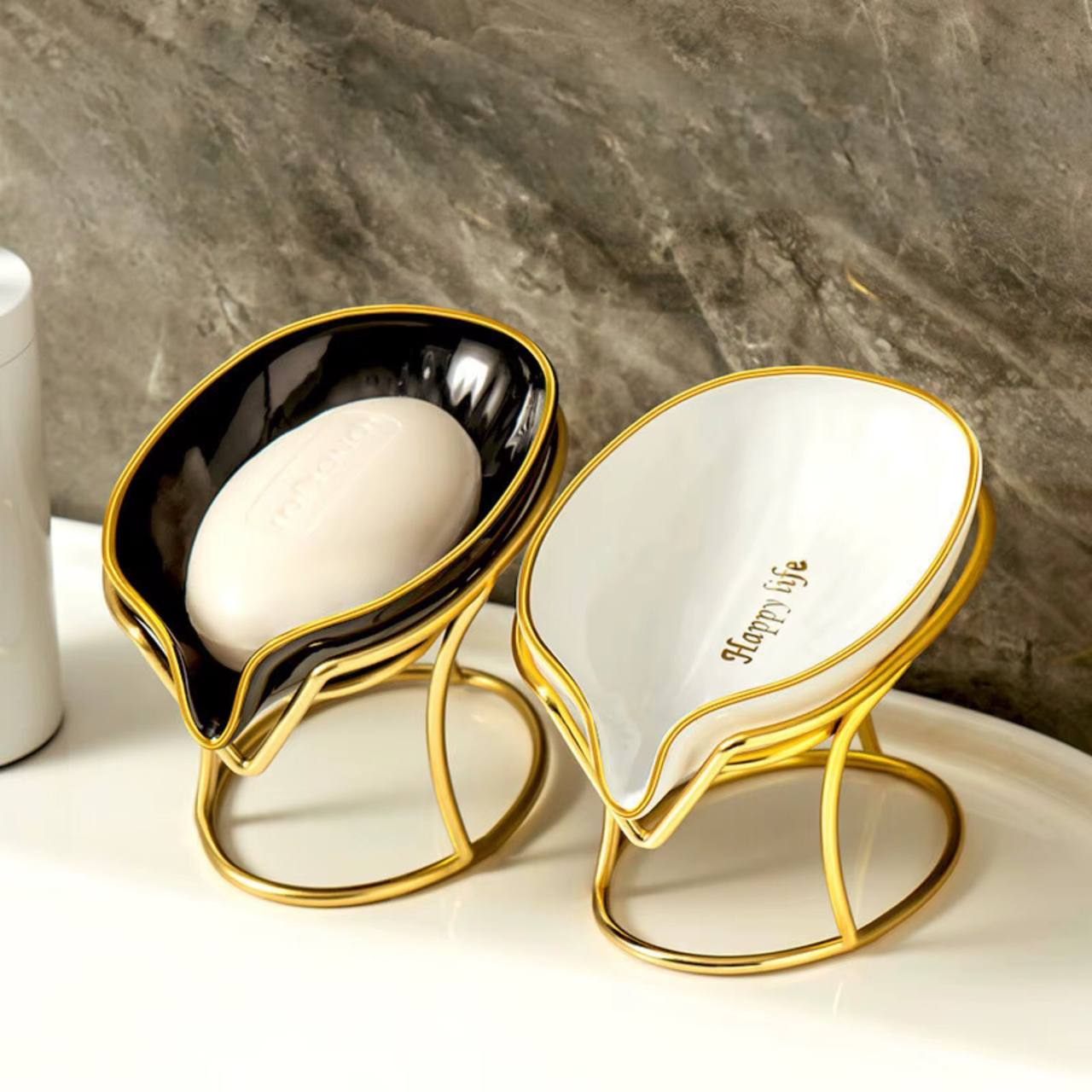 Happy life 45 degree slanted self draining soap dish with a golden stand m