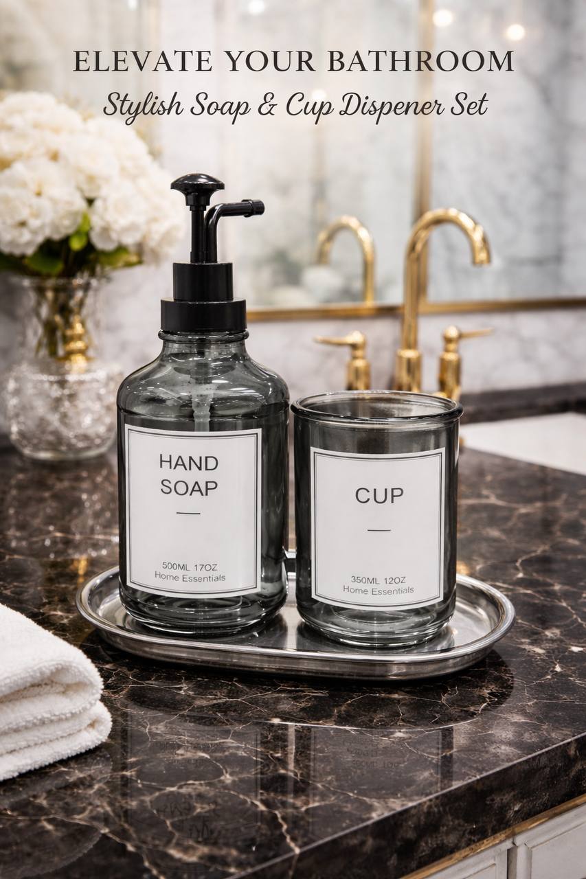 3pc sleek glass hand soap dispenser,matching cup & tray
