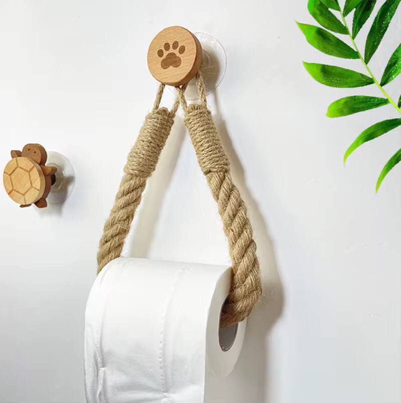Hemp Rope Tissue Holder Hole Free Wall Hanging Cotton String Hemp Rope Tissue Holder Solid Wood Combination Roll Paper Holder