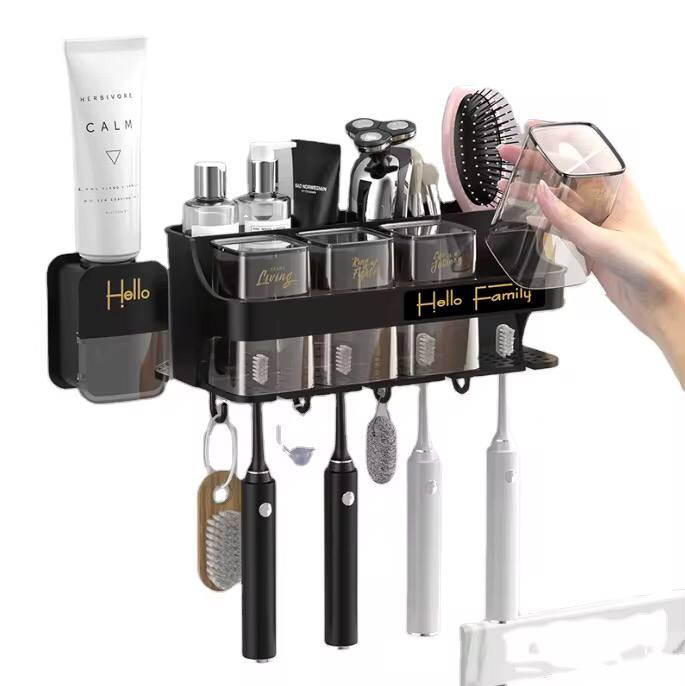Hello family branded wall mounted toothbrush toothpaste dispenser set
