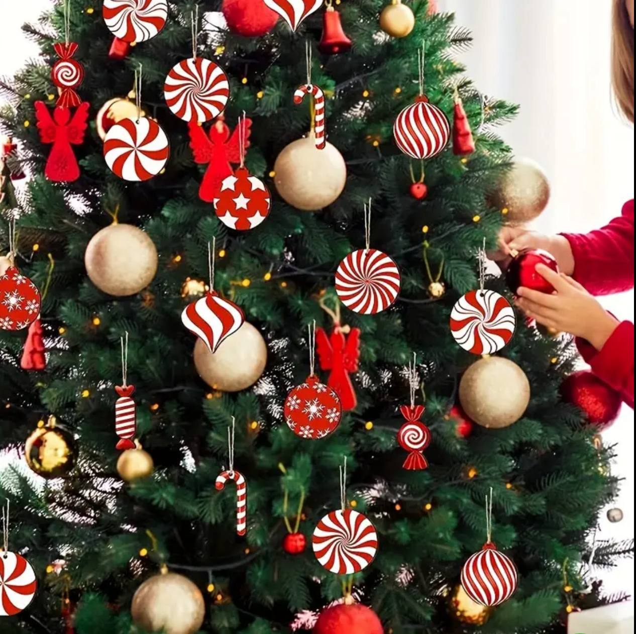 12pcs wooden red candy windmill cane Christmas tree pendant