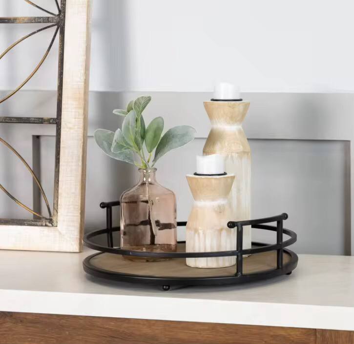 Home Decor Rustic Modern Metal and Wood Round Counter Tray