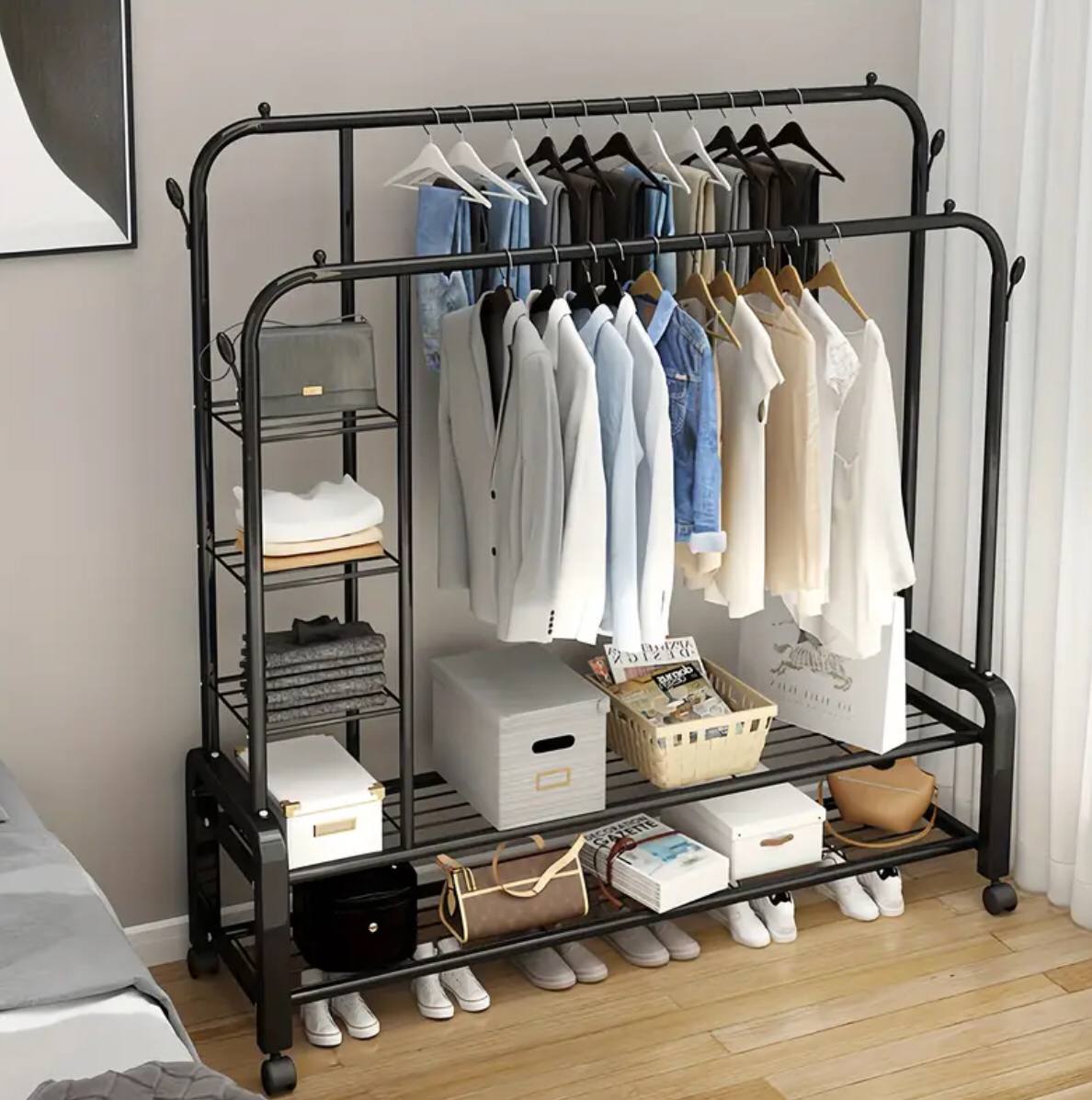 Double Layer Garment Rack Floor Standing Clothes Hanger