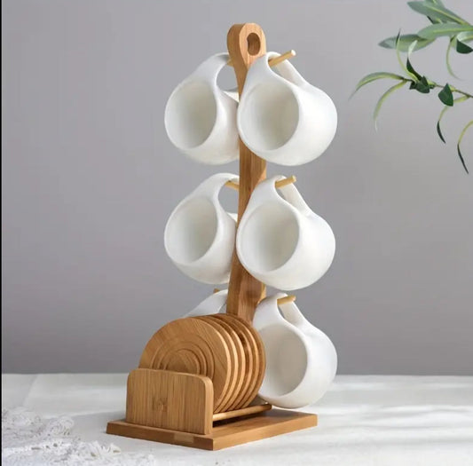 Fashion ceramic 6 cups (200ml) with wooden bamboo stand and 6 bamboo coasters