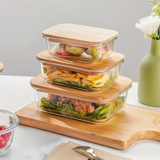 3pcs glass bowl storage containers with bamboo lid