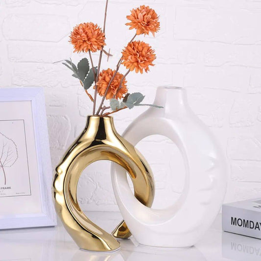 White and Gold Ceramic Vase with Hole