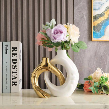 White and Gold Ceramic Vase with Hole