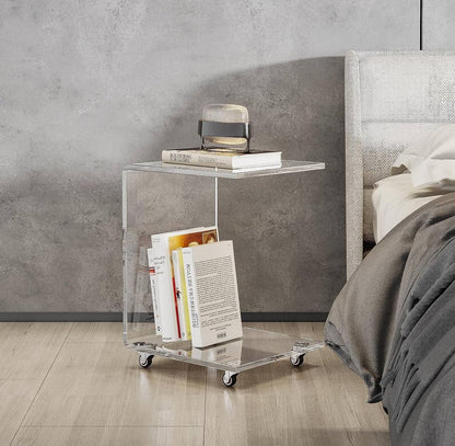Luxury C-Shaped Clear Acrylic Side Table with Wheels