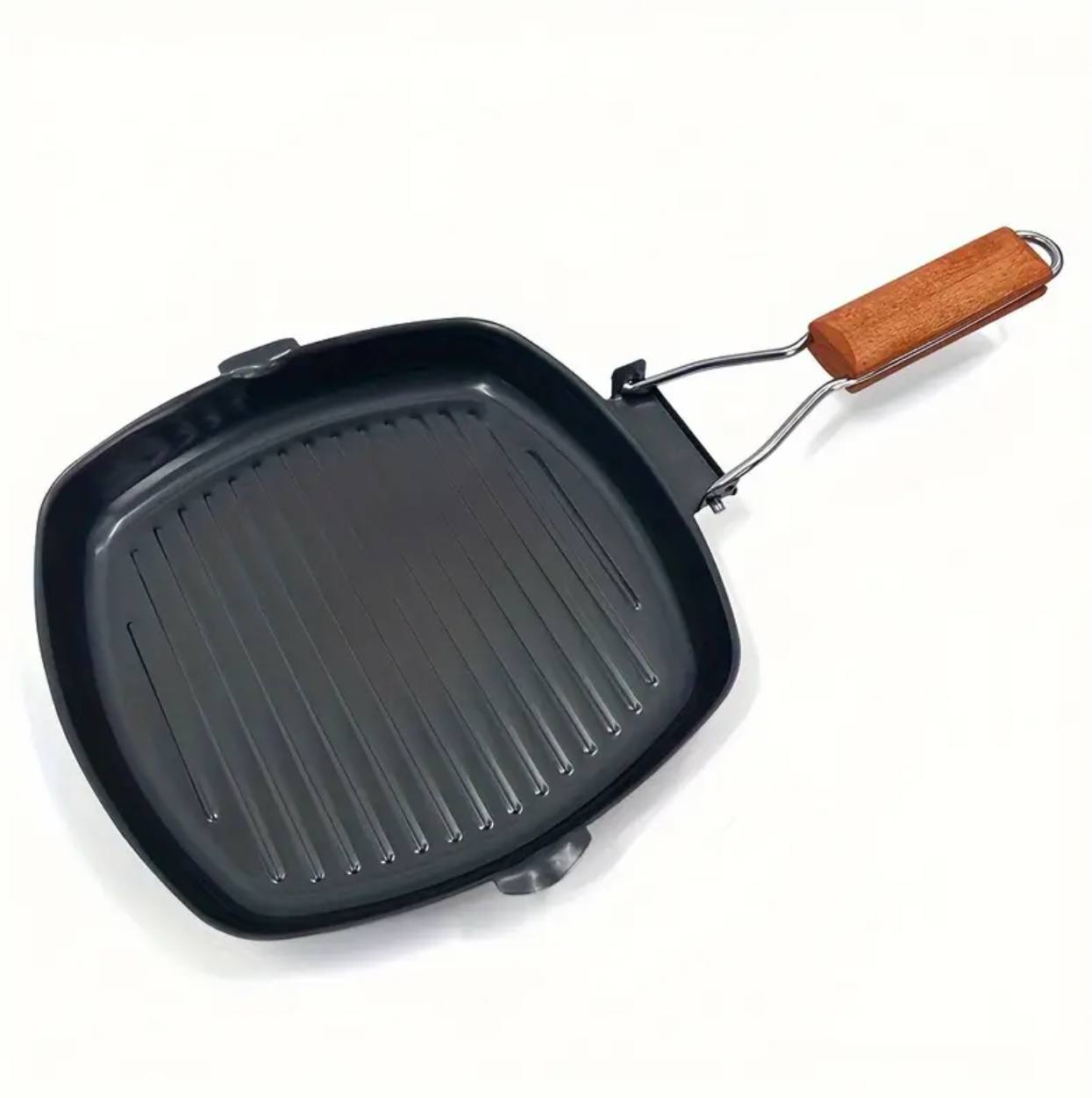 Non stick square steak pan with wooden handle
