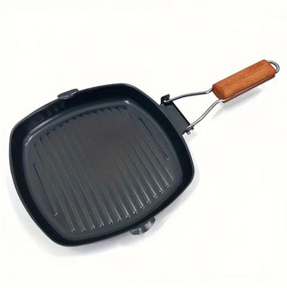 Non stick square steak pan with wooden handle