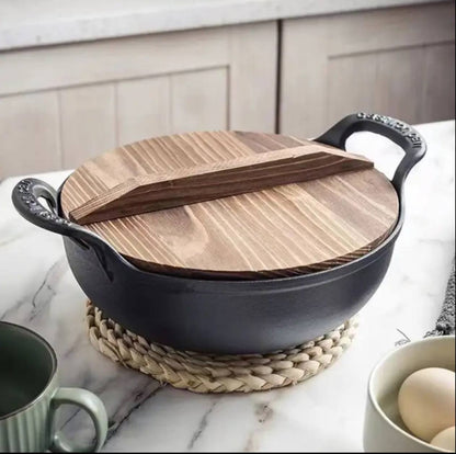 Pre-seasoned Pure Cast Iron Flat Bottom Wok with Wooden Lid