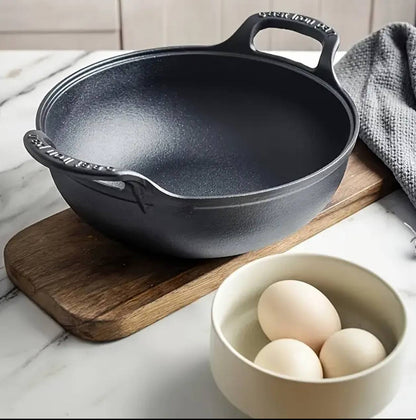Pre-seasoned Pure Cast Iron Flat Bottom Wok with Wooden Lid