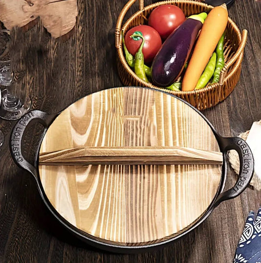 Pre-seasoned Pure Cast Iron Flat Bottom Wok with Wooden Lid