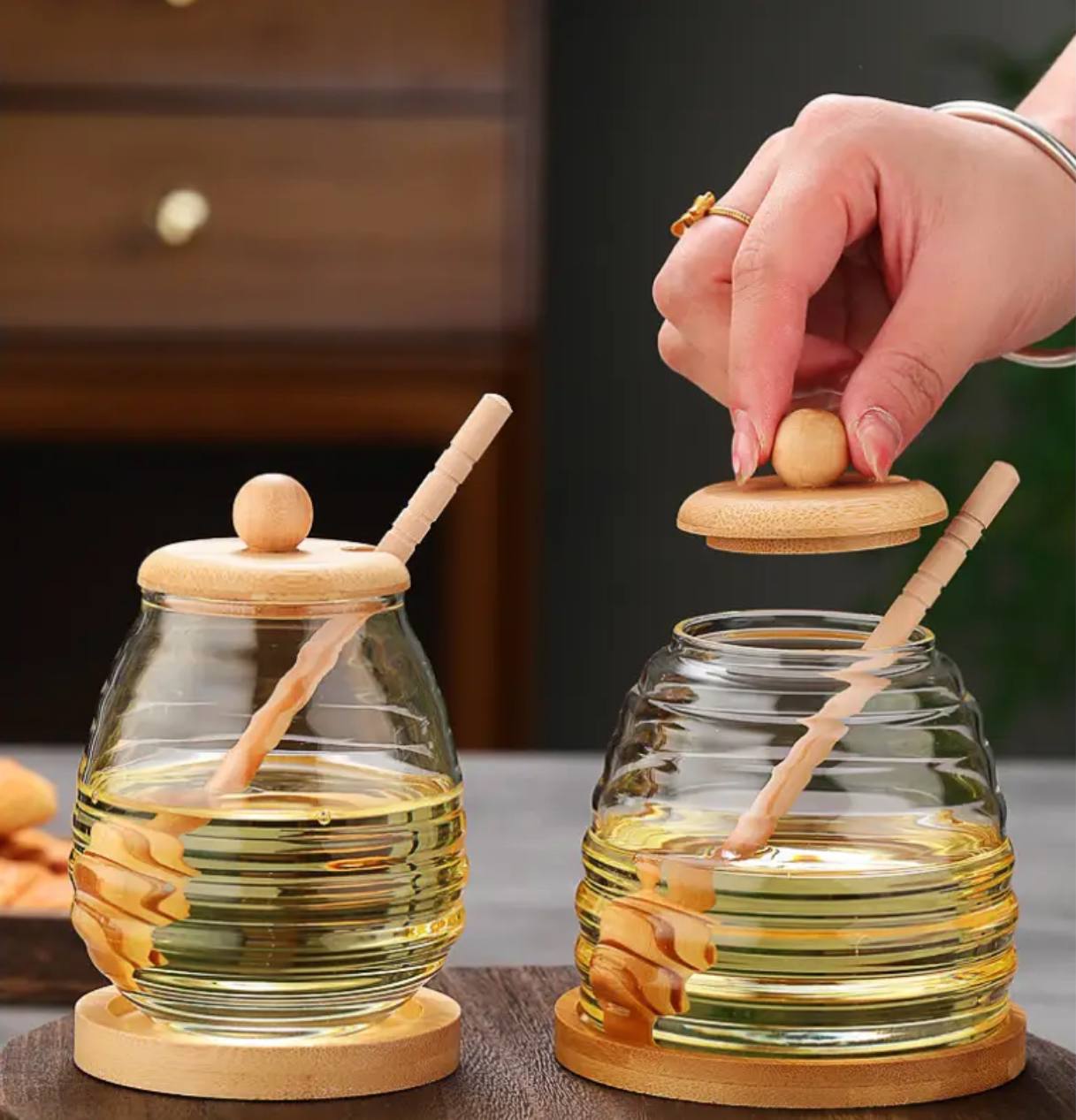 Multi-Purpose Glass Honey Storage Jars with Wooden Lid and Stirring Stick