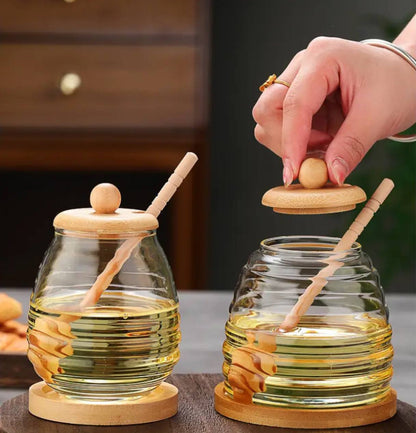 Multi-Purpose Glass Honey Storage Jars with Wooden Lid and Stirring Stick