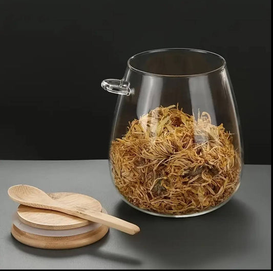 Glass storage canisters with Bamboo spoon & airtight lid.