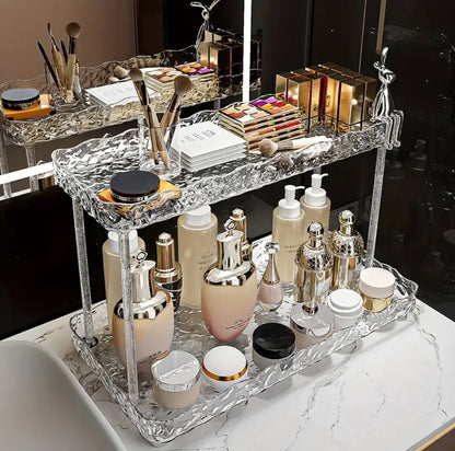 Two tier crystal-like makeup organizer.