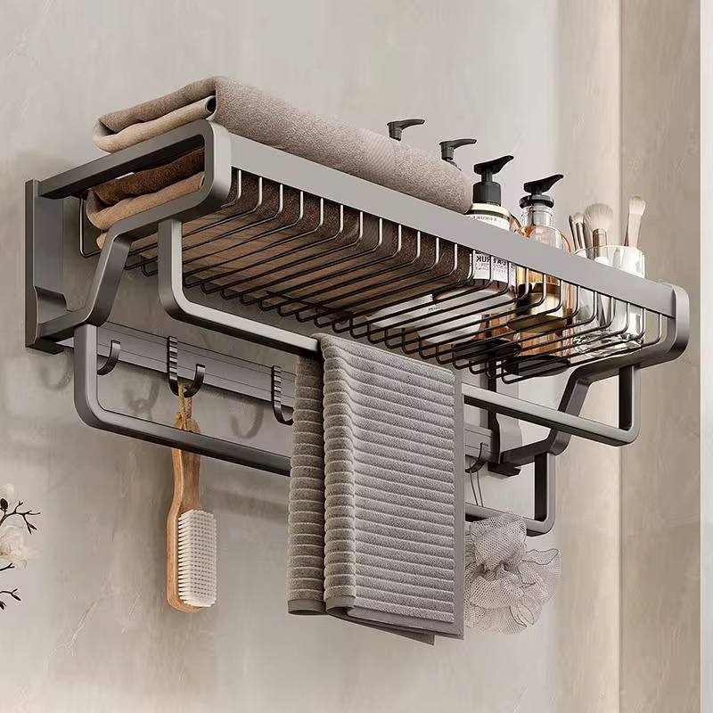 Bathroom wall mounted towel rack accessory with hooks