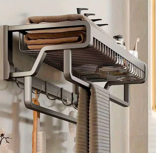 Bathroom wall mounted towel rack accessory with hooks