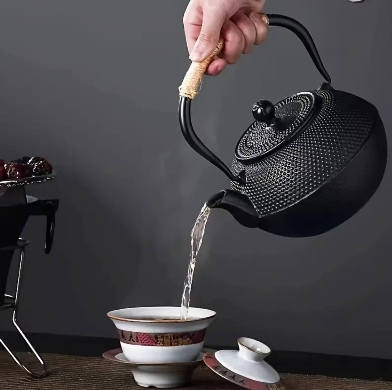 Original heavy duty cast iron tea pot with infuser, cast iron coaster and spoon
