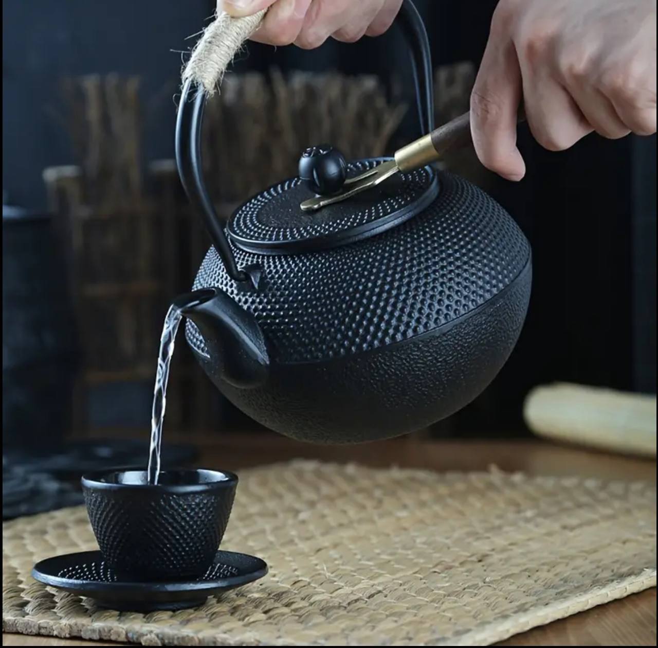 Original heavy duty cast iron tea pot with infuser, cast iron coaster and spoon