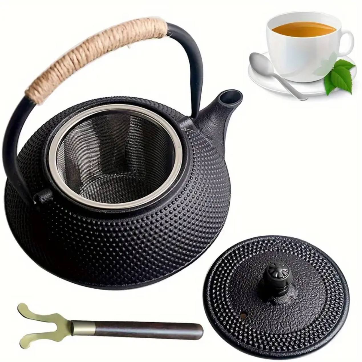 Original heavy duty cast iron tea pot with infuser, cast iron coaster and spoon
