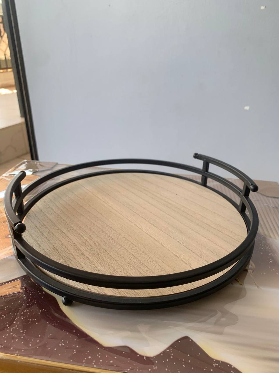 Home Decor Rustic Modern Metal and Wood Round Counter Tray