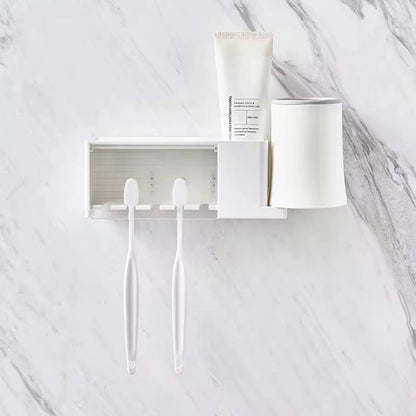 Wall mounted toothbrush and toothpaste holder. With cup storage