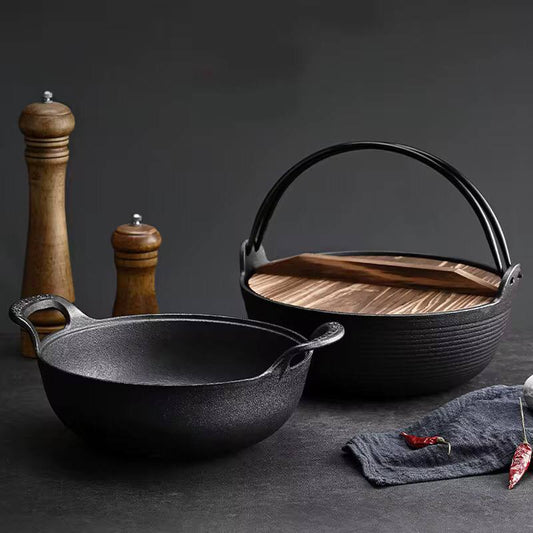 Pre-seasoned Pure Cast Iron Flat Bottom Wok with Wooden Lid