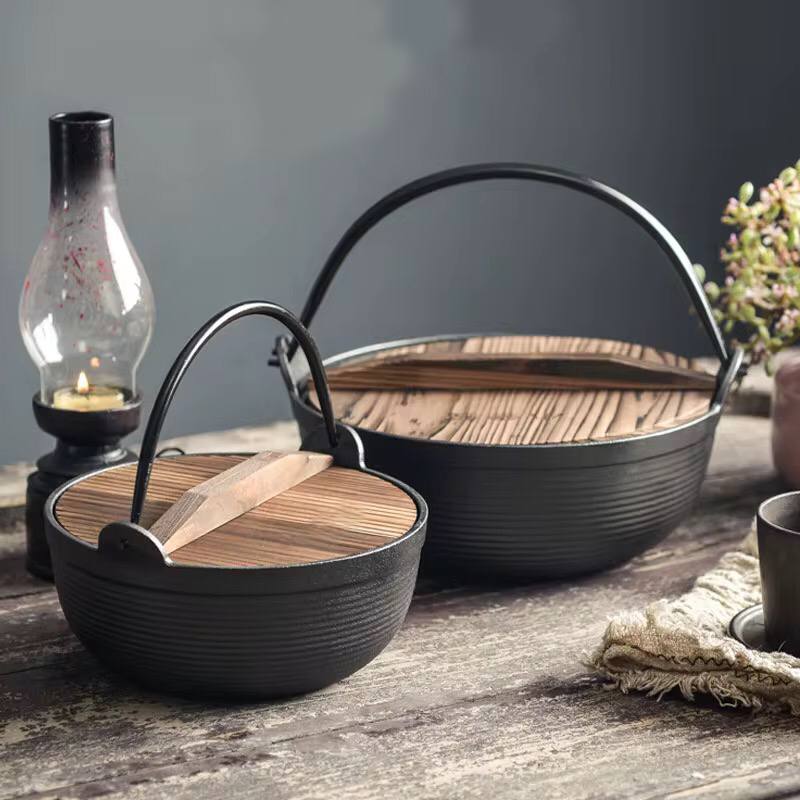 Pre-seasoned Pure Cast Iron Flat Bottom Wok with Wooden Lid