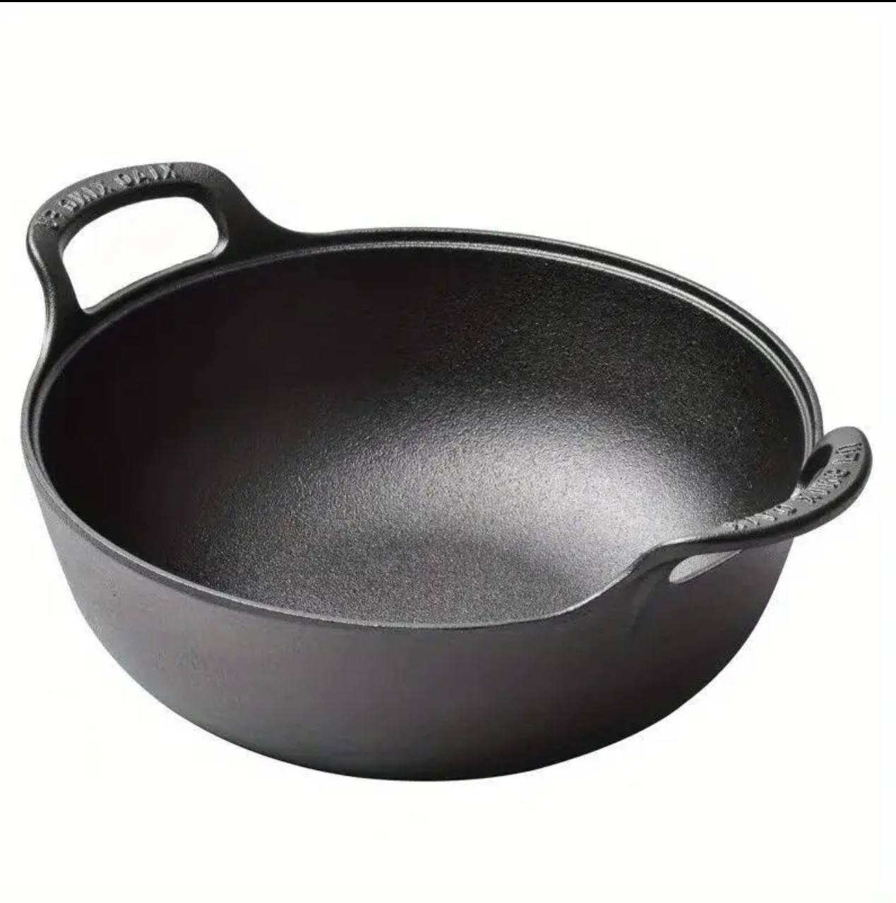 Pre-seasoned Pure Cast Iron Flat Bottom Wok with Wooden Lid