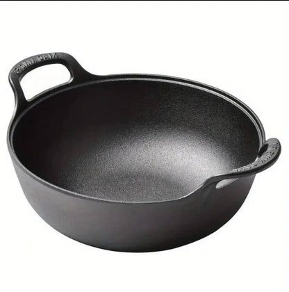 Pre-seasoned Pure Cast Iron Flat Bottom Wok with Wooden Lid