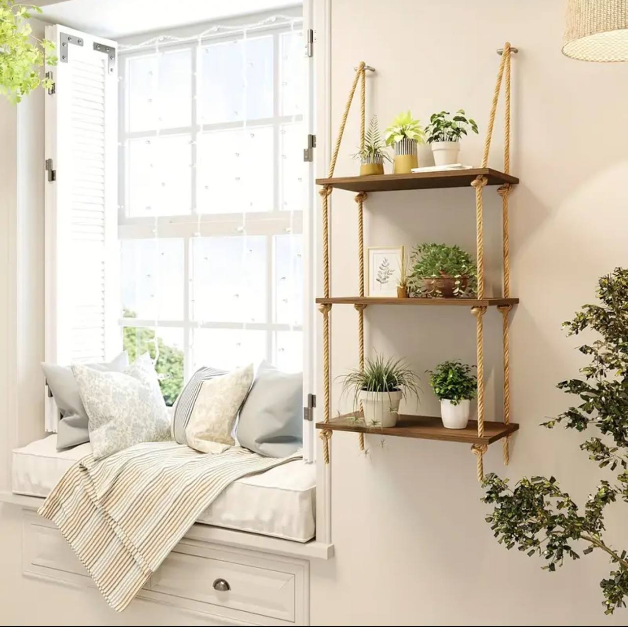 3 Tier Wooden  Floating Shelf / Hanging Rope Organizer Rack