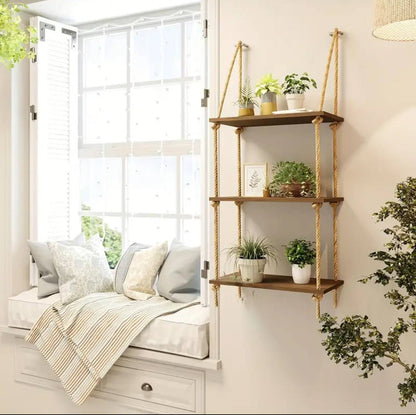 3 Tier Wooden  Floating Shelf / Hanging Rope Organizer Rack