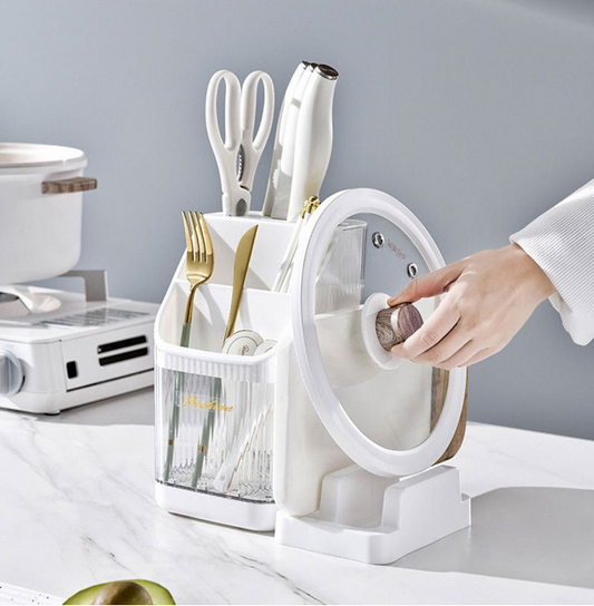Kitchen multifunction cutlery storage organizer with detachable chopping board/pot lid holder