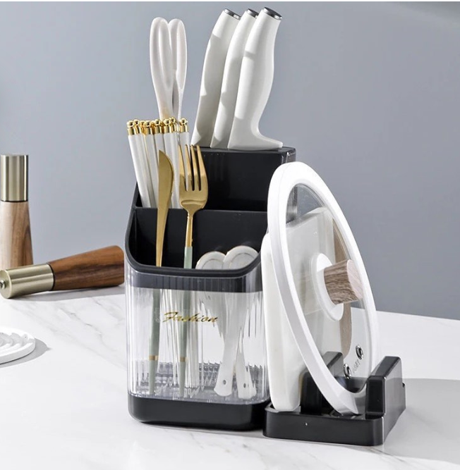Kitchen multifunction cutlery storage organizer with detachable chopping board/pot lid holder