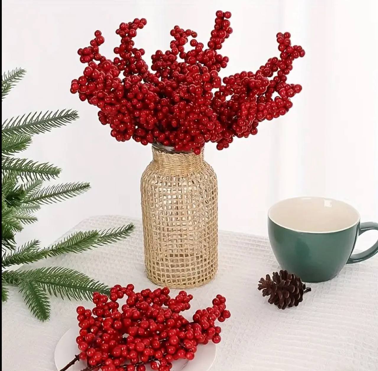 10pc set  Christmas Artificial Red Berry Branch DIY Wreath Berry Stem Flowers Gift Xmas Tree Ornaments Home Party Decor Flowers