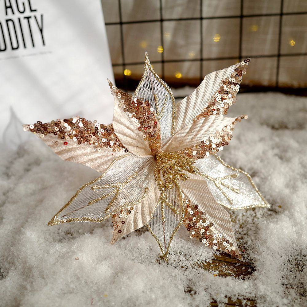 Christmas Ornament Simulation Christmas Flower Fabric Flower Arrangement Ornament Flannel Sequined Christmas Flower